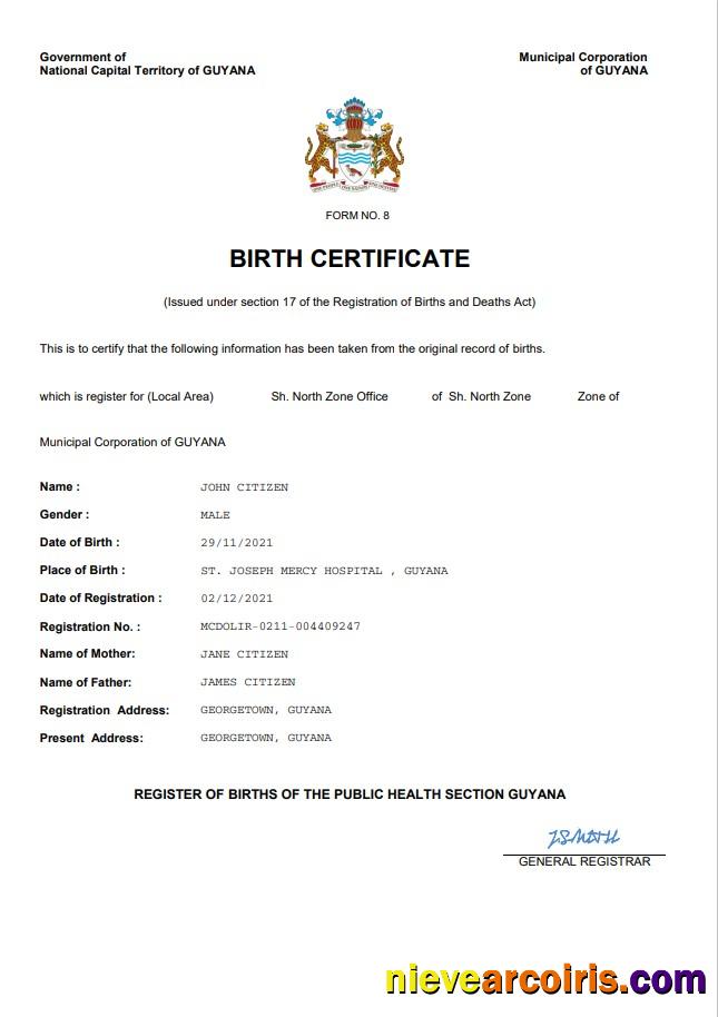 Guyana vital record birth certificate